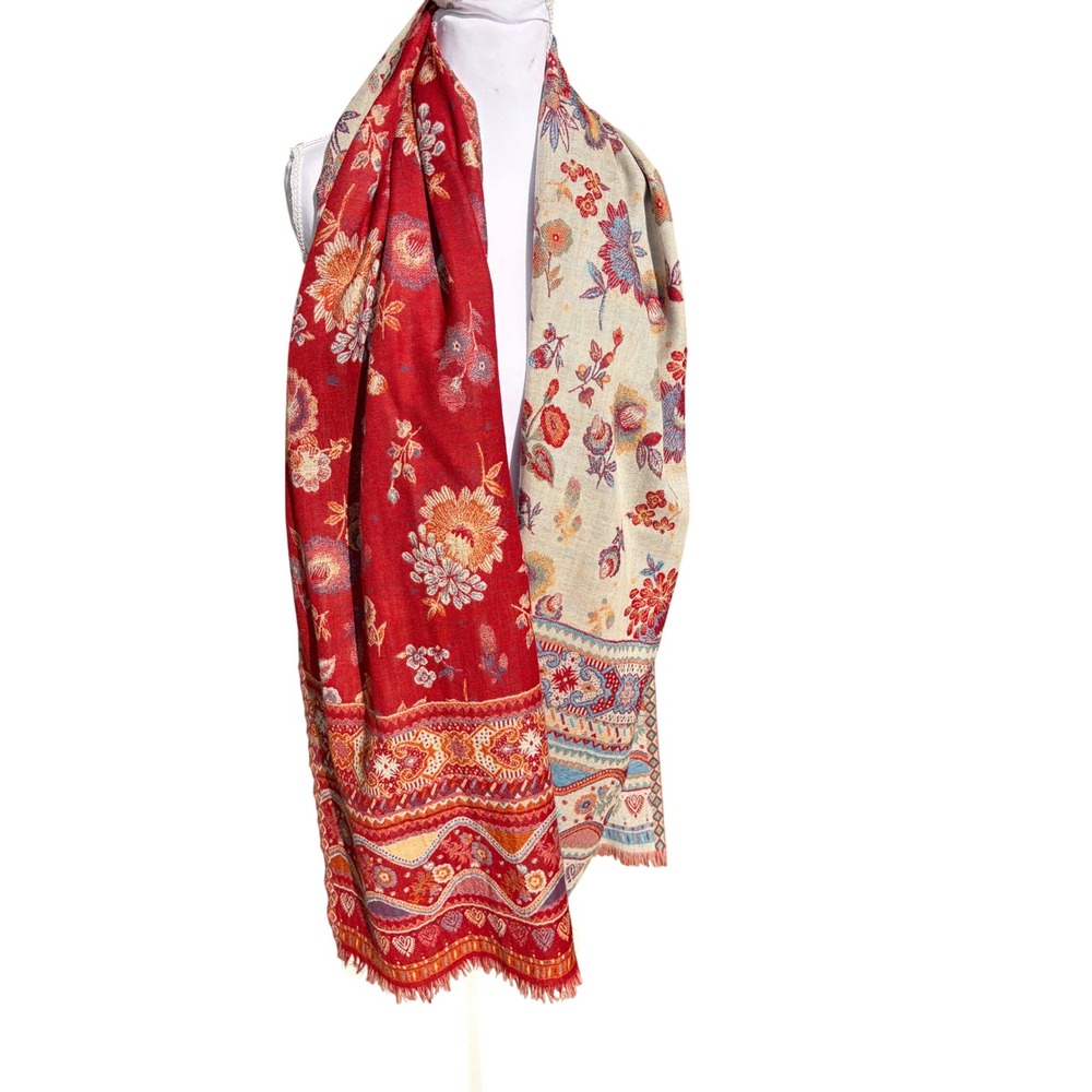 Shingora Fashion Red Cream 100% Wool Reversible Floral Paisley Pashmina Shawl